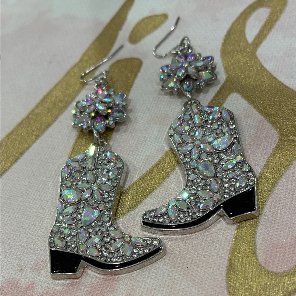 Silver Tone AB Pink Green Crystal Boot Design Western Statement Pierced Earrings